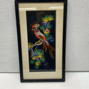 Vintage Mexican Feather Art Colorful Bird Matted and Framed Feathers & Paint